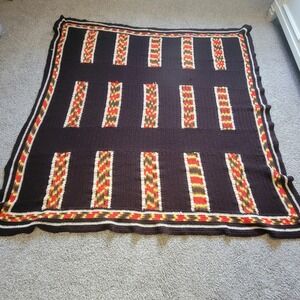 Vintage 70s Handmade Crochet Blanket Throw Brown Geometric Block Retro Cottage